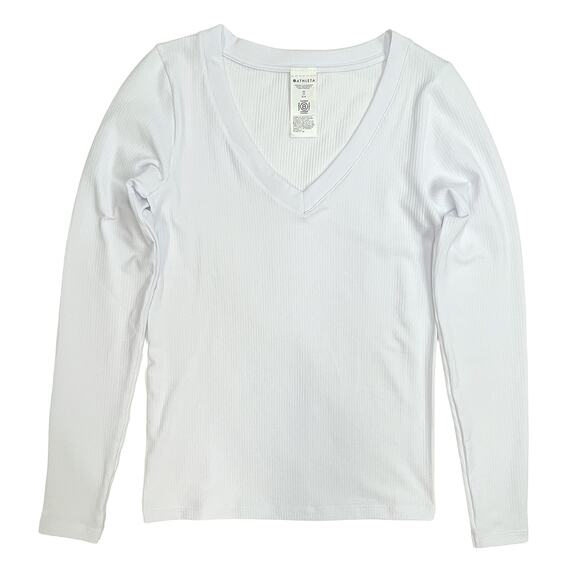Athleta Tops - Athleta Renew Seamless V-Neck Long Sleeve Top XS White Fitted Ribbed Tee UPF
